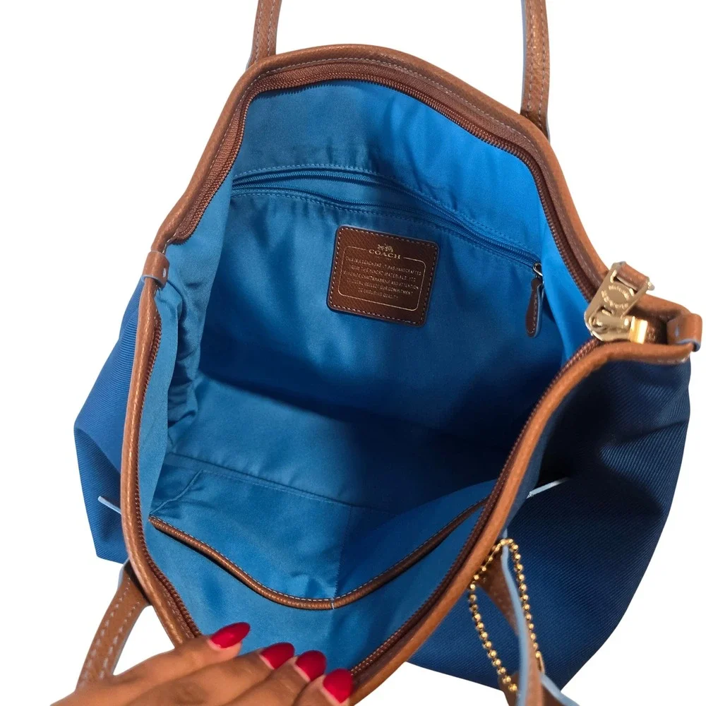 Coach Tote Bag Womens Large Blue Leather Trim Shoulder Bag Handbag